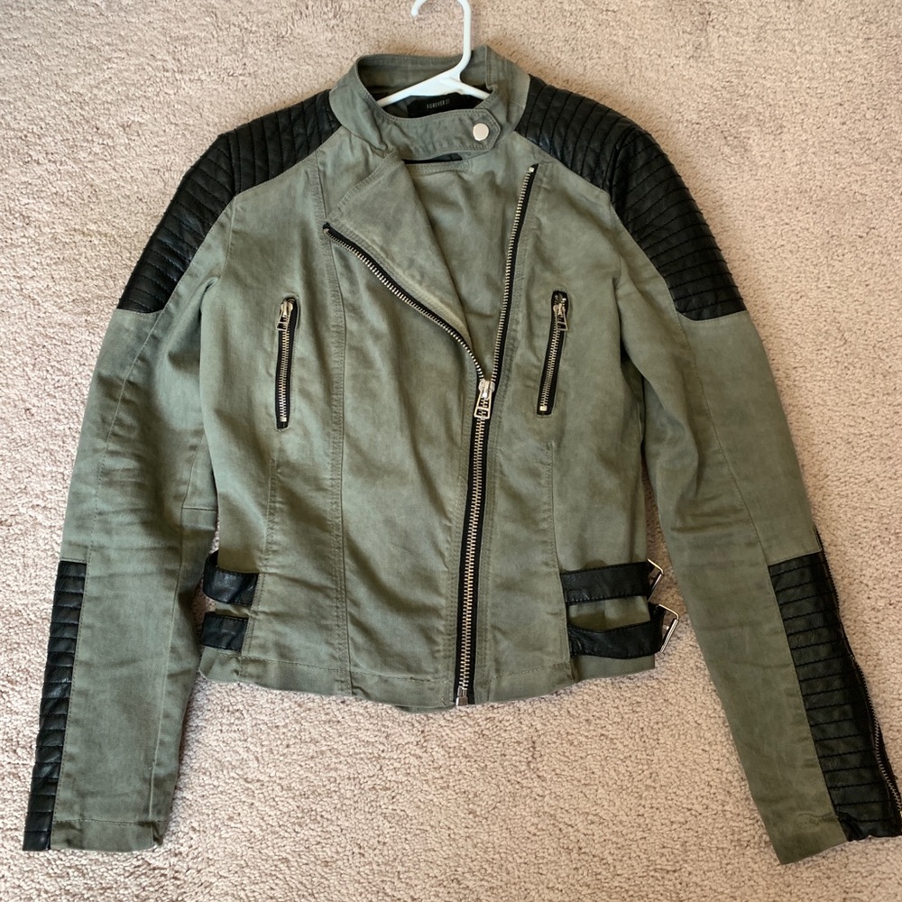 Forever 21 Olive Green and Black Moto Biker Jacket
